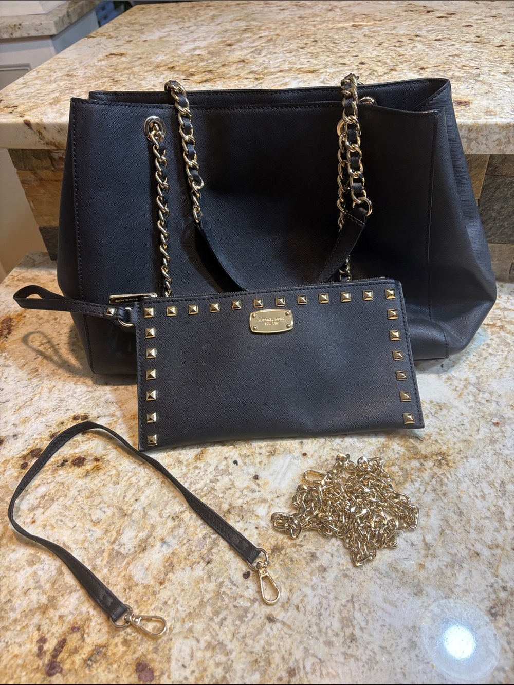 Michael Kors Black Saffiano Leather Tote with Studded Wristlet